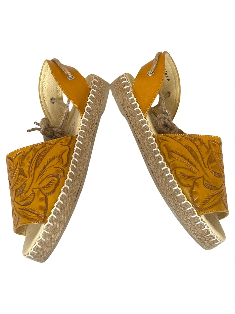 Rare Alexis David Hand Tooled Artisan Leather Espadrille Sandals - 8 - Yellow